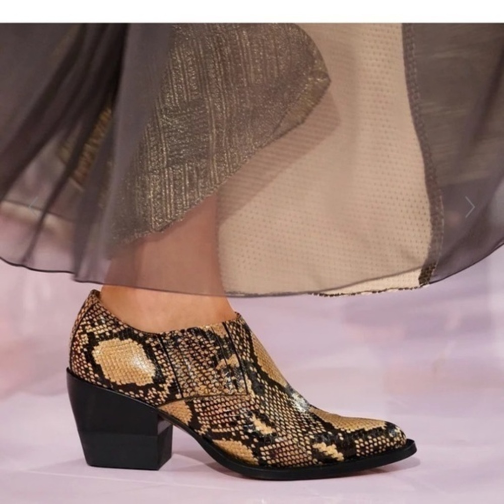 Chloe Snake Print Ankle Booties in Black and Tan